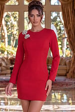 red long sleeves dress with high neckline 48665