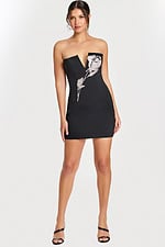 Strapless black mini dress with deep V-neck and rhinestone rose applique
