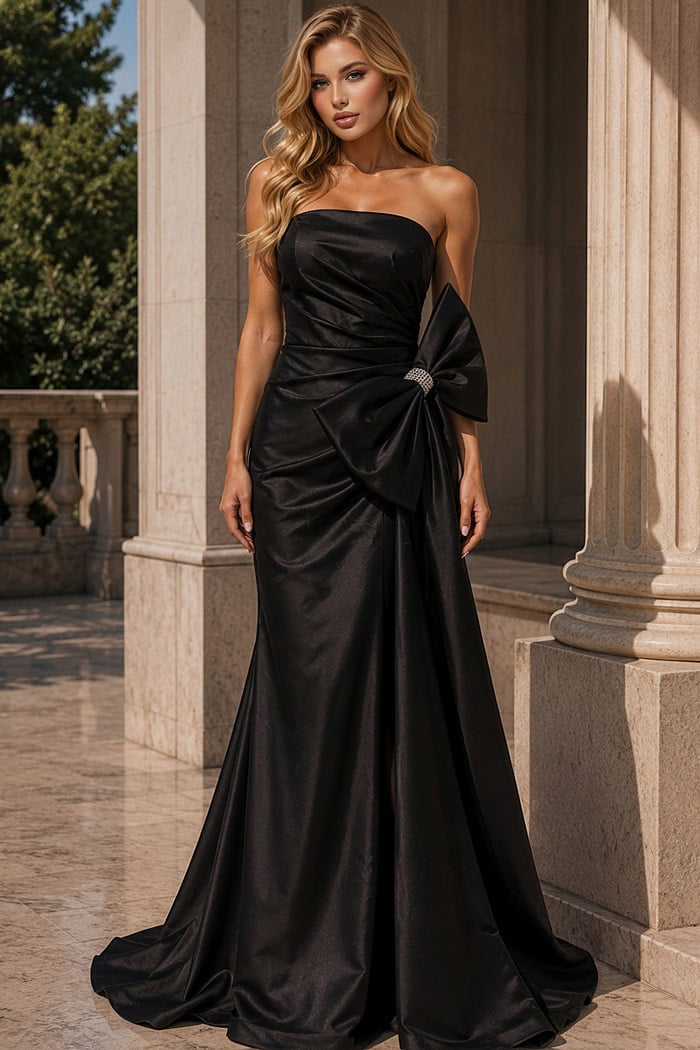 satin formal dress with thigh-high slit, ruched bodice, and dramatic side bow accent
