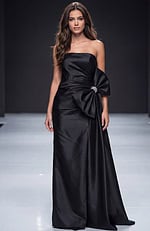 Strapless satin gown with a smooth fitted bodice, soft draping, and an oversized bow detail at the waist creating a sleek, timeless silhouette