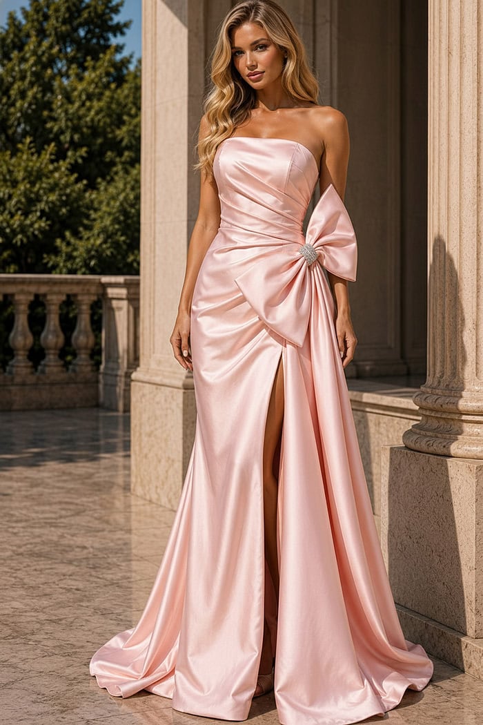 mermaid gown with oversized bow detail and sleek fitted silhouette