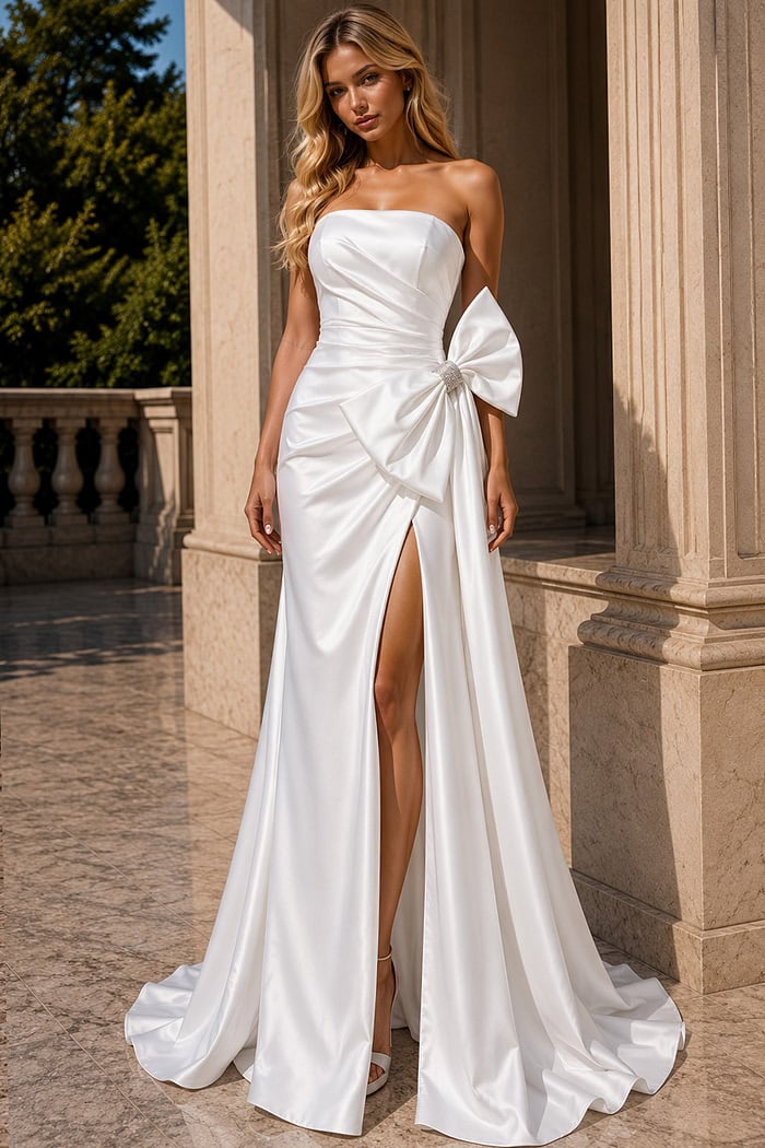 satin prom gown featuring a strapless neckline, sculpted fit, and statement bow detail