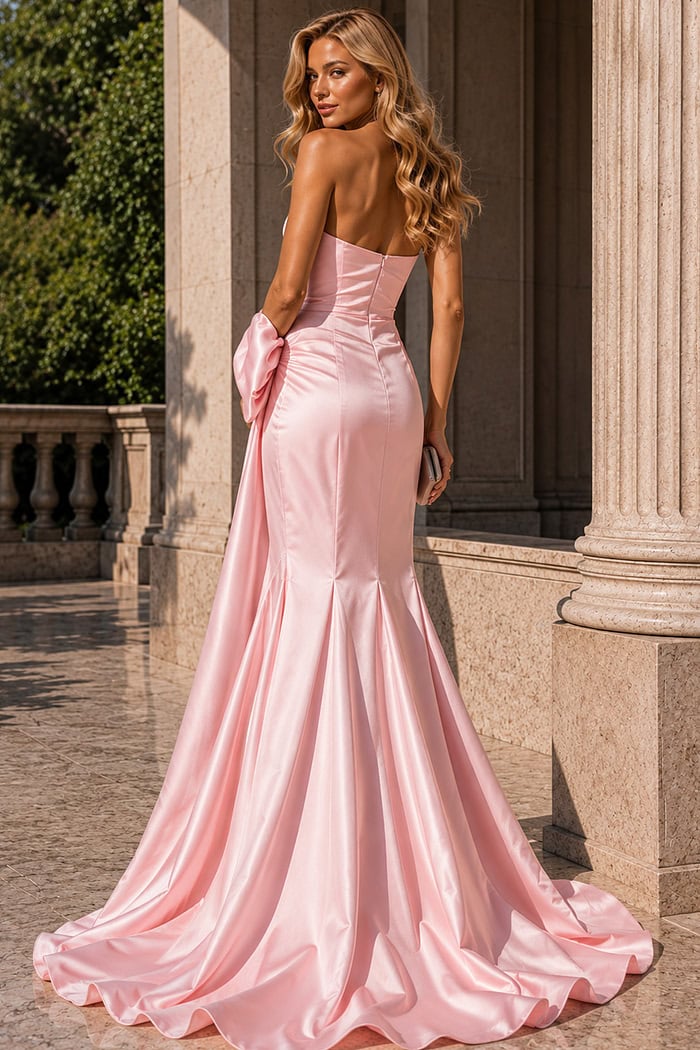 pink satin mermaid dress with strapless neckline and sweeping train