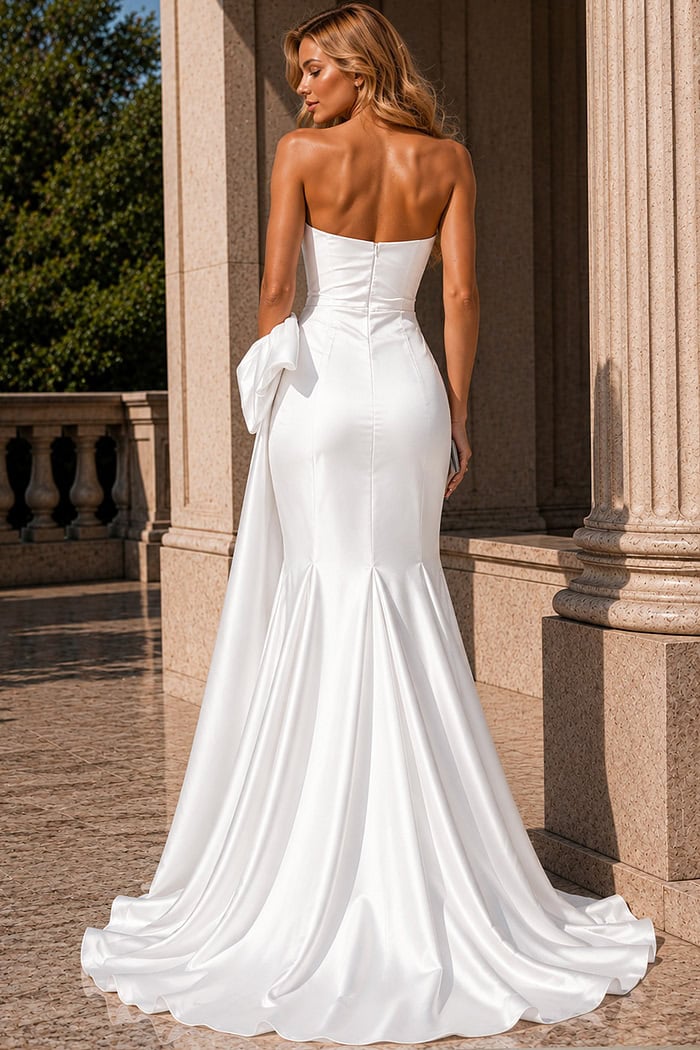 elegant white satin formal gown with fitted silhouette and long flowing train