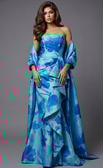 Front view of strapless printed gown with structured bodice, cascading ruffle detail, and matching draped wrap