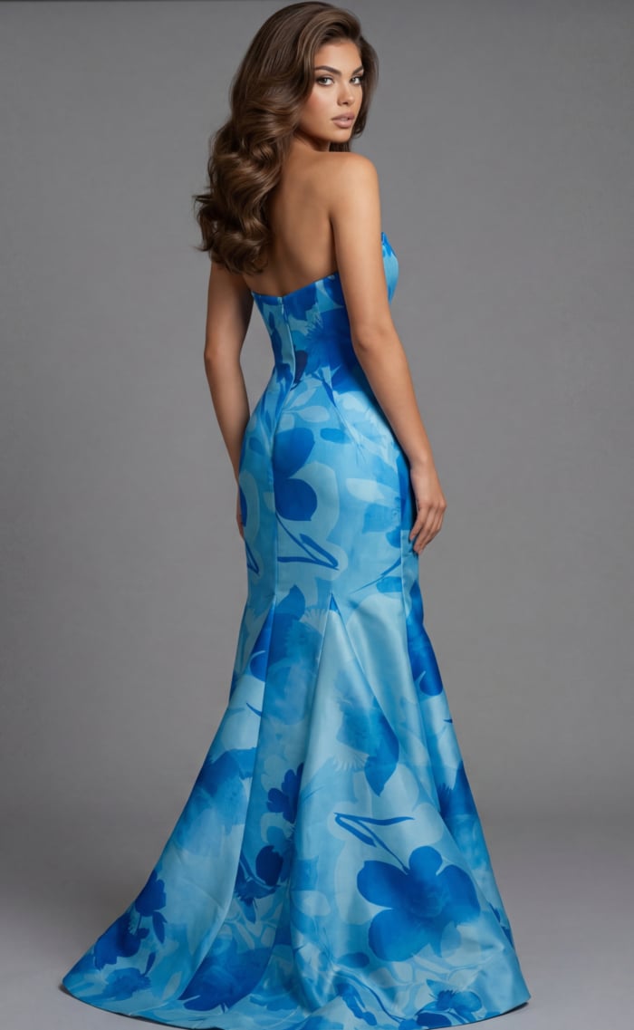 Back view of strapless printed gown with fitted bodice, smooth open back, and flared skirt