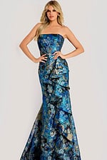 Strapless metallic jacquard gown featuring blue and gold floral pattern with cascading ruffle detail.
