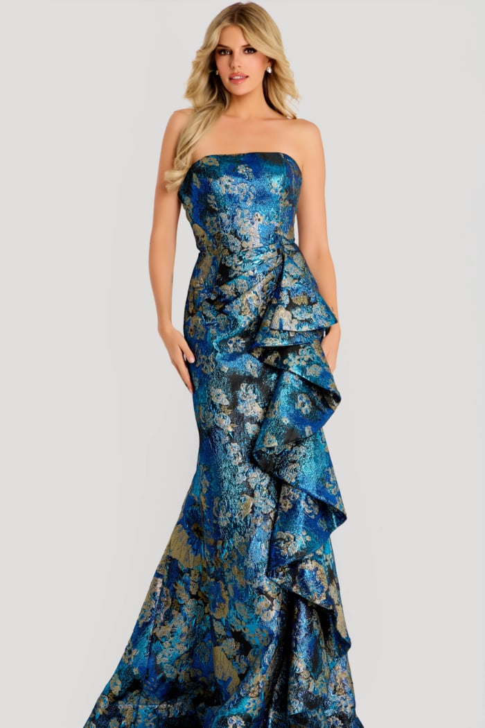 strapless blue print dress with ruffles on the bodice 48706