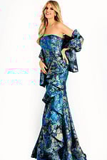 strapless mulit color drss with matching shawl and ruffles on the bodice 48706