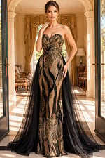 black and gold beaded strapless mermaid gown with detachable chiffon cape