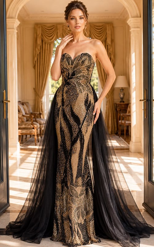 black and gold beaded strapless mermaid gown with detachable chiffon cape