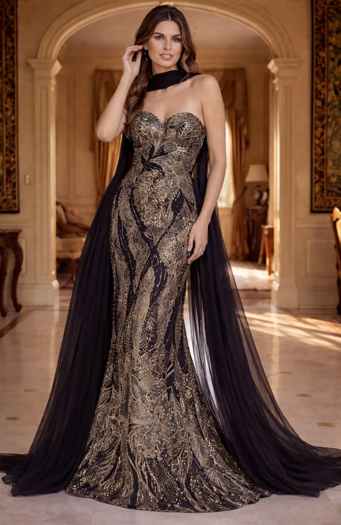 black and gold beaded strapless mermaid gown with detachable chiffon cape