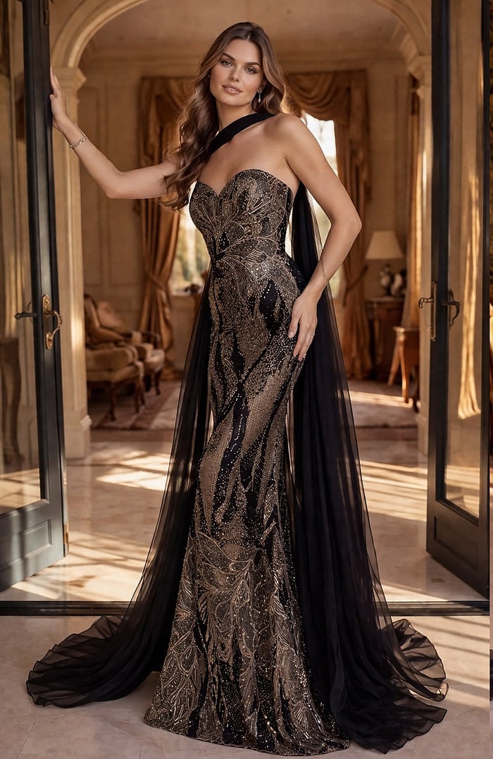 black and gold beaded strapless mermaid gown with detachable chiffon cape