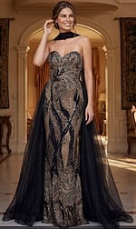black and gold beaded strapless mermaid gown with detachable chiffon cape