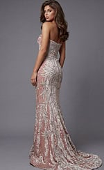 Strapless fitted gown featuring embroidered leaf detailing and subtle train