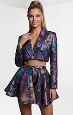 Two piece metallic floral jacquard set with cropped blazer and flared mini skirt