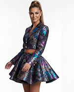 Rich metallic floral brocade set with sculpted cropped blazer and playful mini skirt