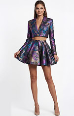 Vibrant brocade mini skirt and cropped jacket set with structured tailoring