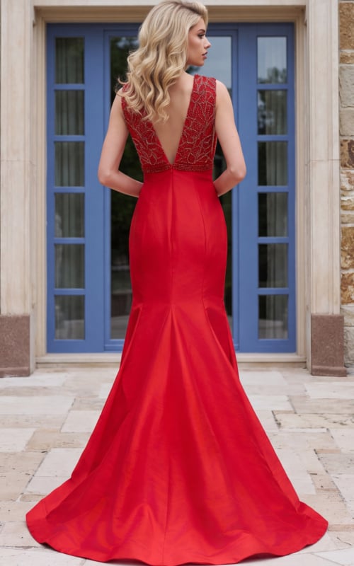 back view of red taffeta mermaid gown with open V back