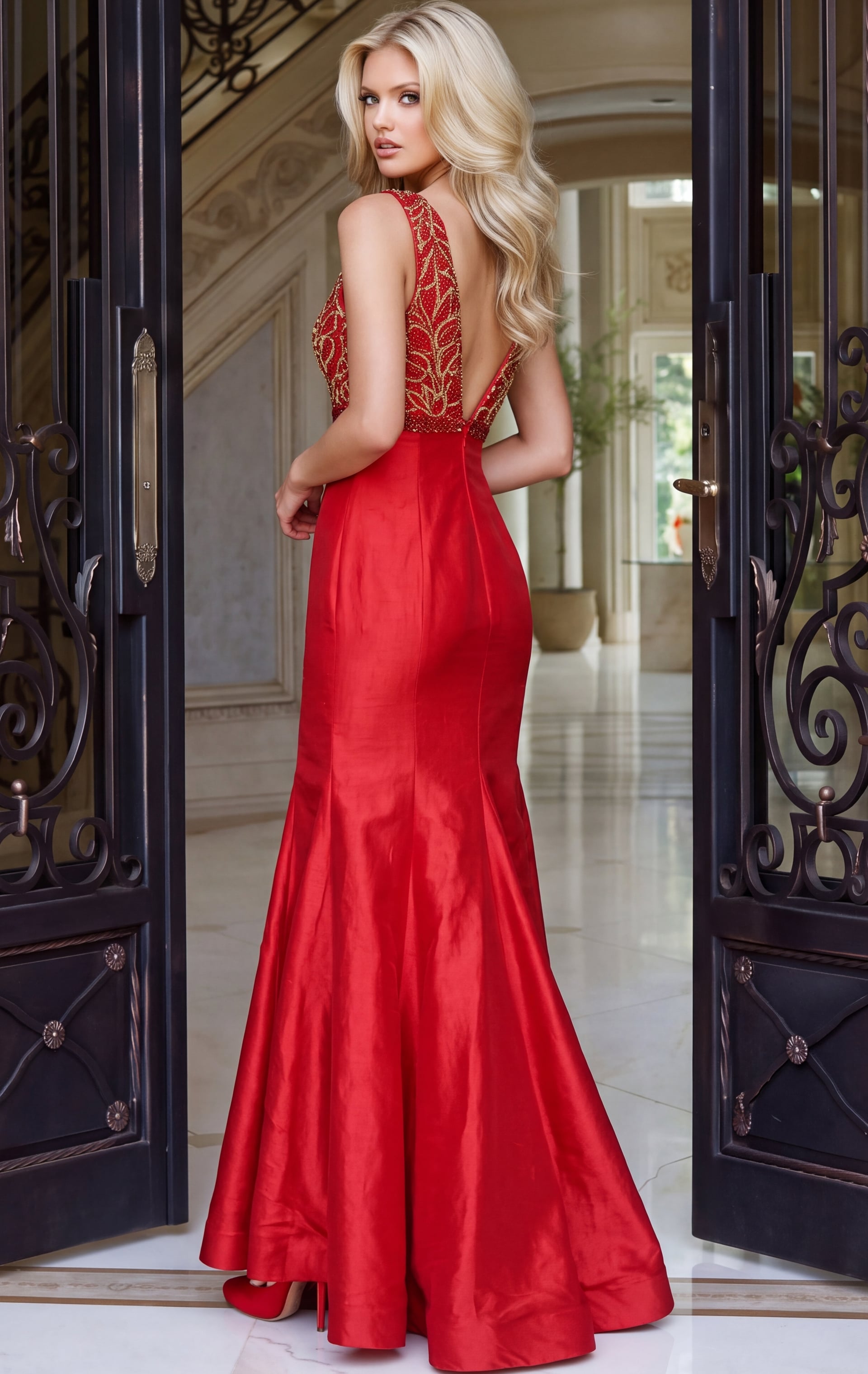 red beaded bodice mermaid gown with sweep train