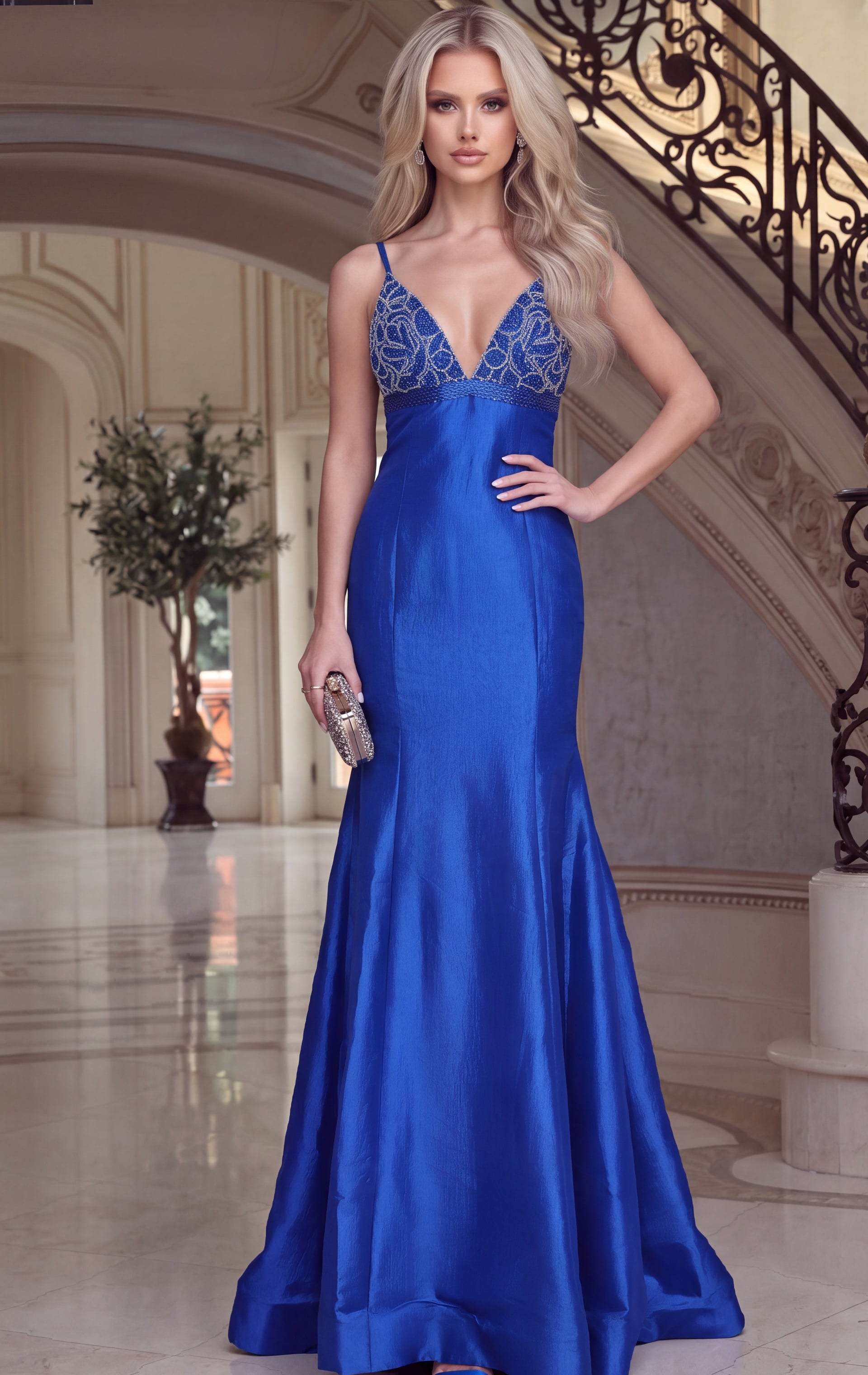 royal blue taffeta mermaid gown with beaded V neck bodice