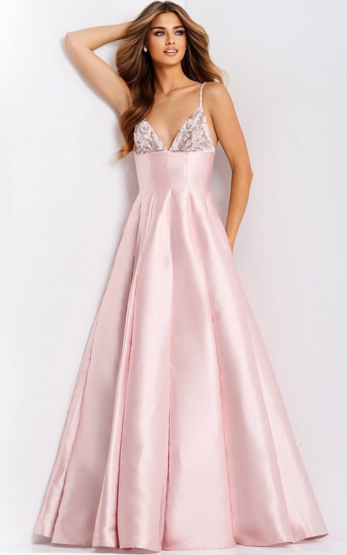 Flowing satin prom dress with pleated skirt