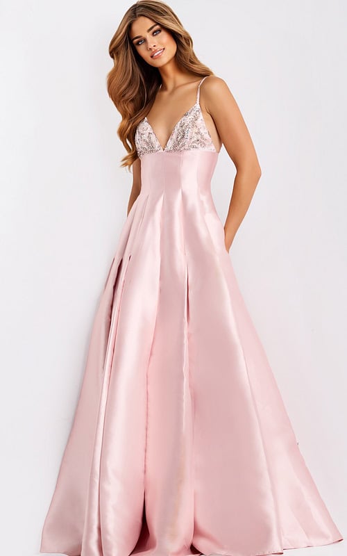 Satin A-line prom dress with beaded bodice