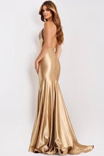 Metallic satin evening gown with open back