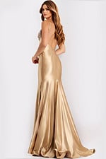Satin gold prom dress with beaded bodice