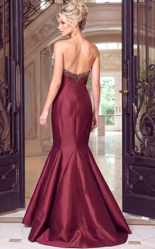 back of burgundy mermaid gown 48743