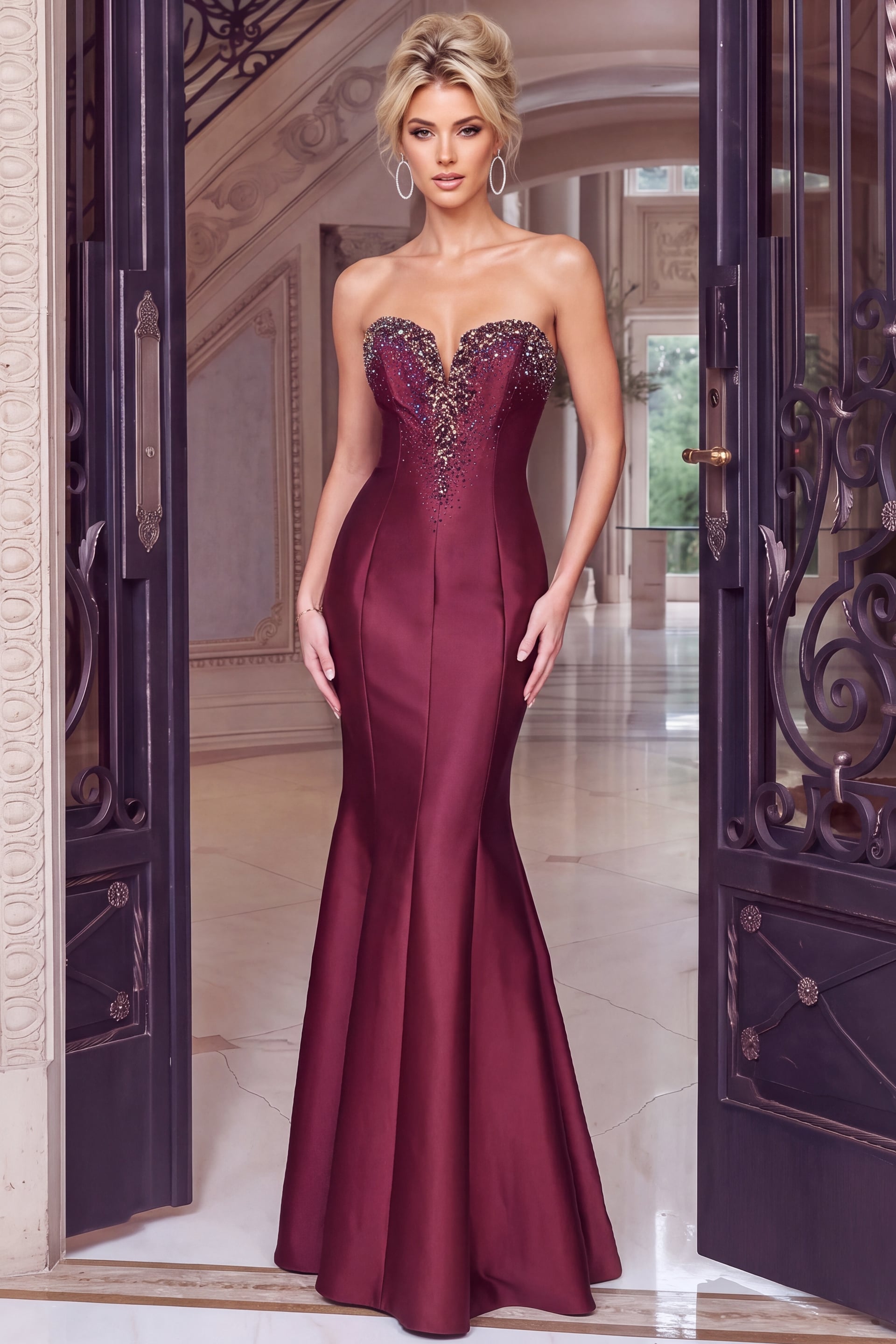 Sweetheart beaded bodice tops a red satin mermaid gown with a long trailing train