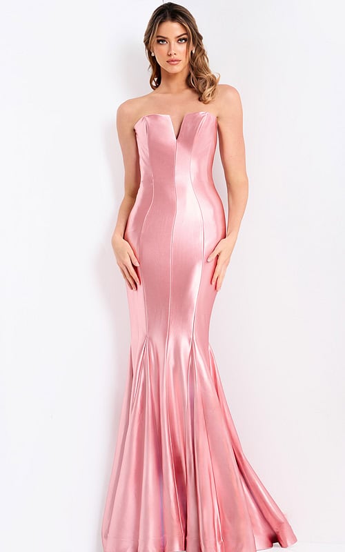 Blush pink fitted gown with flared mermaid skirt