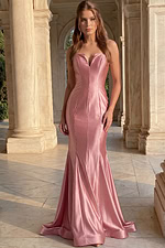 strapless v neckline pink satin prom dress 48744