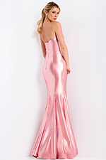 Strapless satin mermaid gown with structured neckline and flared hem.