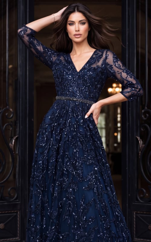 Close front view of navy sequin lace gown showing embellished waistband and V bodice