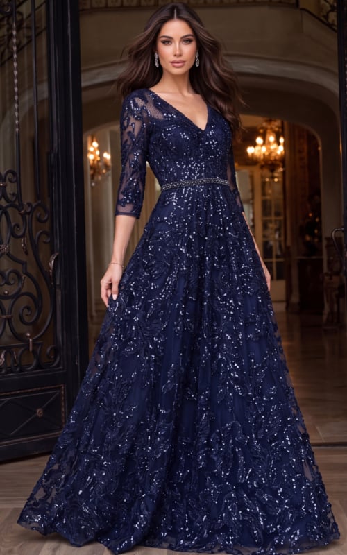 Navy sequin lace A line gown with V neckline and three quarter illusion sleeves, front view