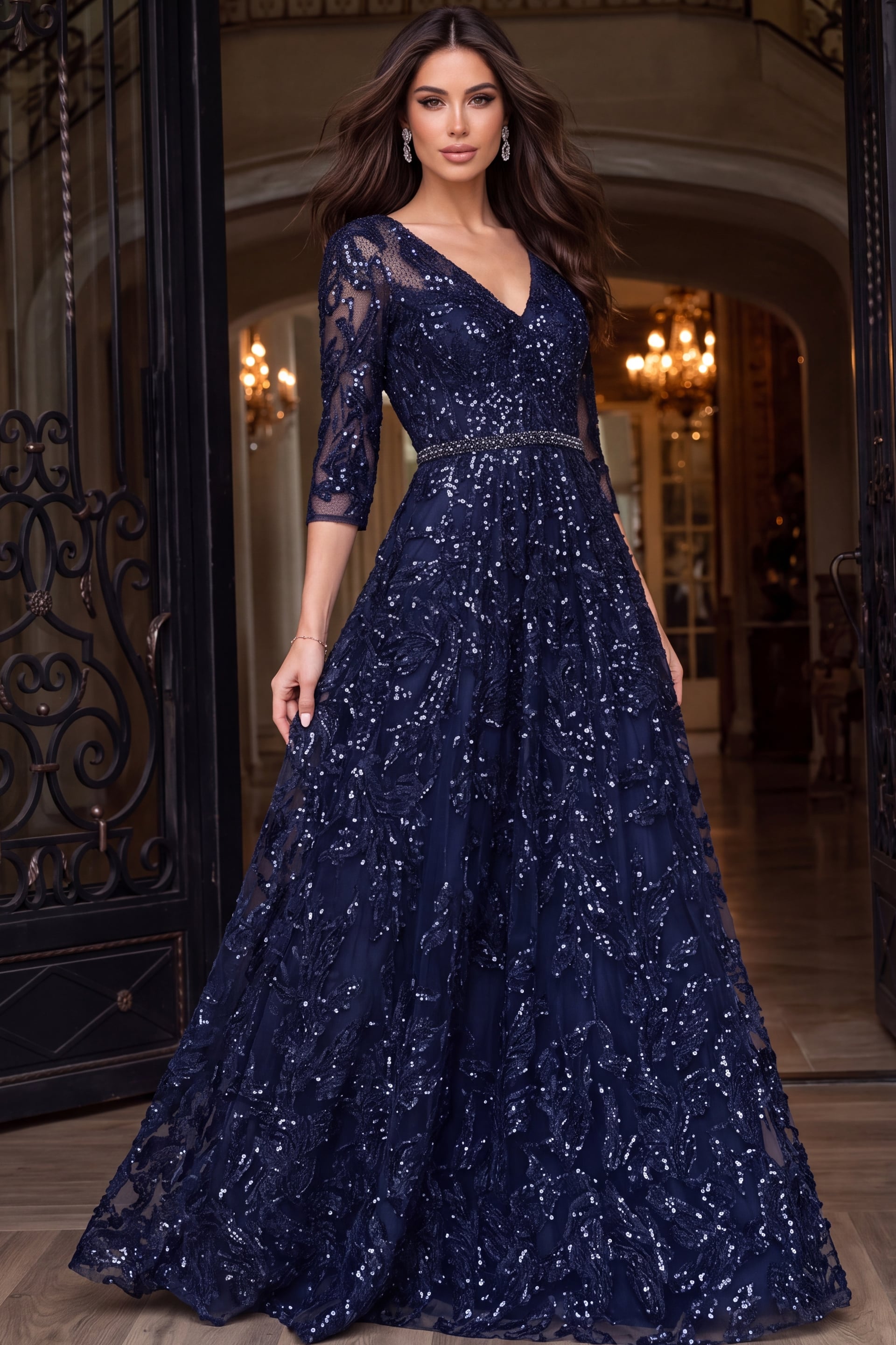 Navy sequin lace A line gown with V neckline and three quarter illusion sleeves, front view