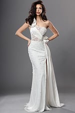 white sheath long dress with one shoulder illusion bodice beaded high slit