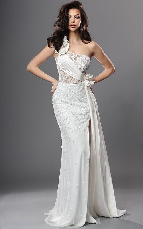 white sheath long dress with one shoulder illusion bodice beaded high slit