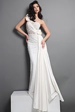white sheath long dress with one shoulder illusion bodice beaded high slit