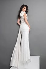 white sheath long dress with one shoulder illusion bodice beaded high slit
