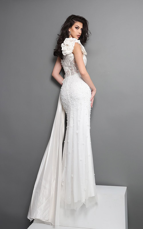 white sheath long dress with one shoulder illusion bodice beaded high slit