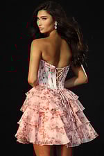 Strapless floral print dress featuring a fitted bodice and flouncy tiers
