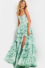 Lace Up Back Floral Print Layered Gown