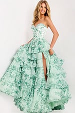 Green Floral Tiered Gown With Side Slit