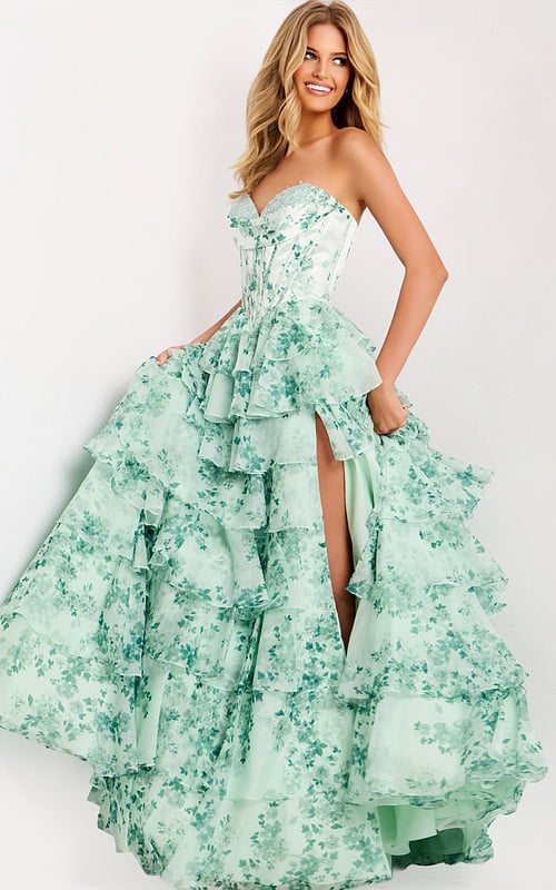 Green Floral Tiered Gown With Side Slit