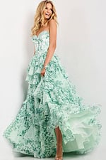 Strapless Tiered Floral Gown With Corset Back