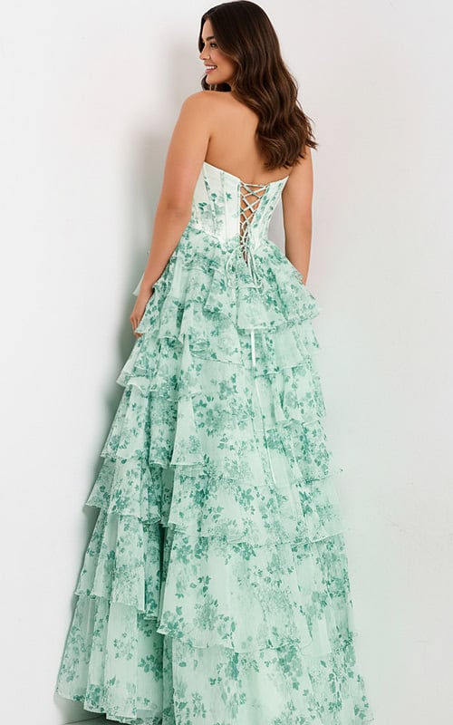 Strapless Green Floral Ball Gown with Corset and Ruffles