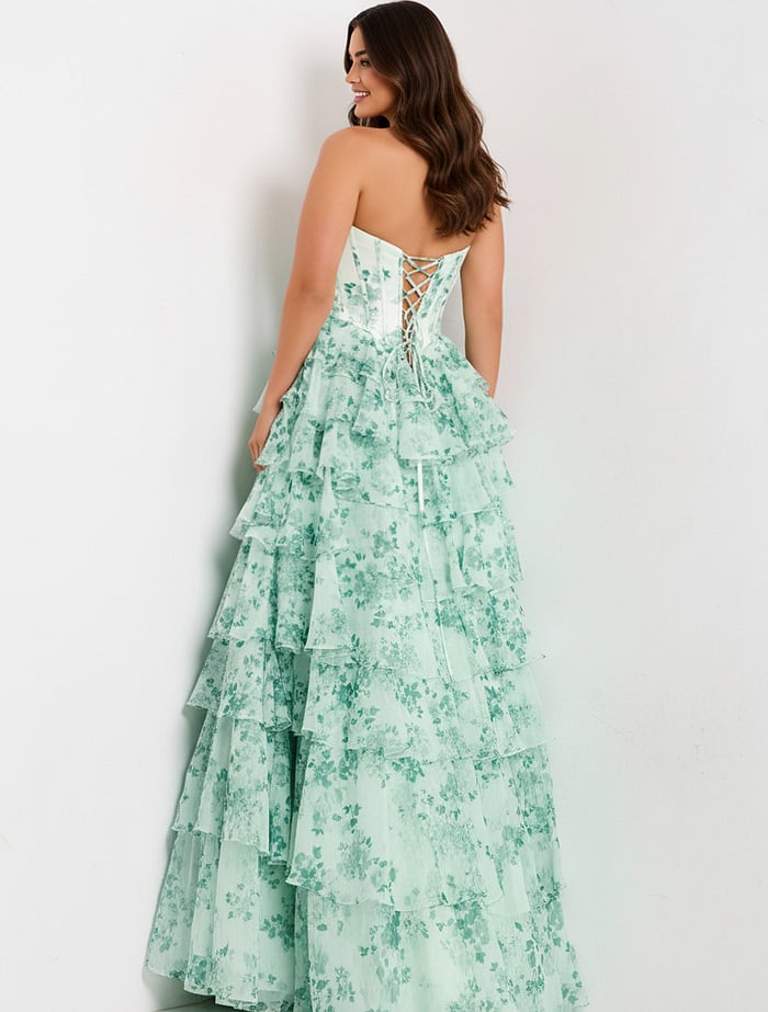 Strapless Green Floral Ball Gown with Corset and Ruffles
