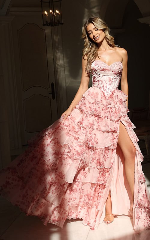 Floral tiered gown with corset bodice and sweetheart neckline